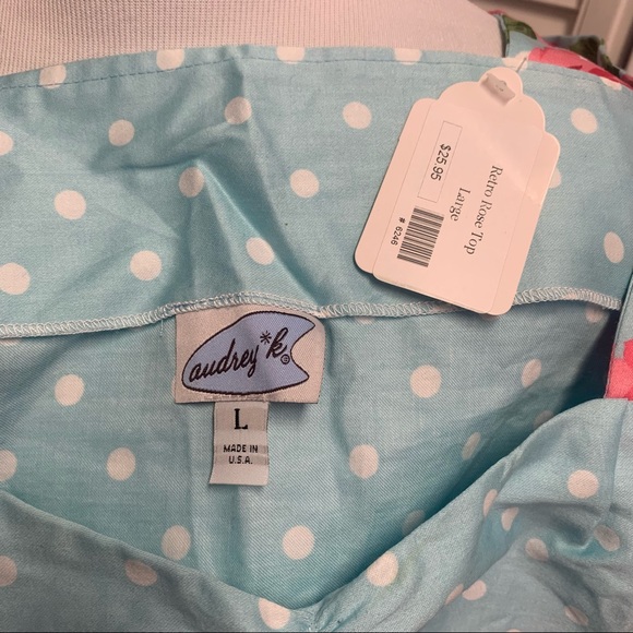 Skirt and Top Retro Set Blue Polka Dots with Pink Roses - Picture 7 of 13